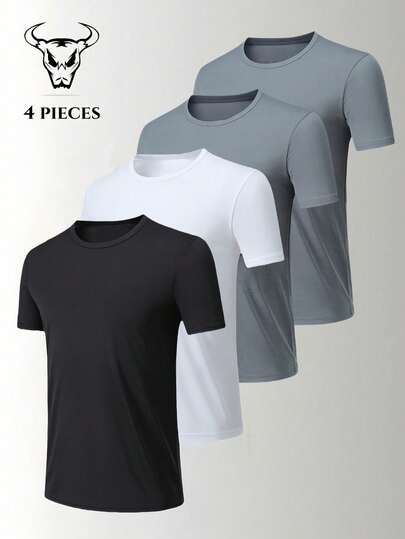 4pcs Men's Summer Fitness Moisture-Wicking Short Sleeve T-Shirts, Outdoor Sports Half Sleeve, Breathable Marathon Running Couple Sports Quick-Dry Tops