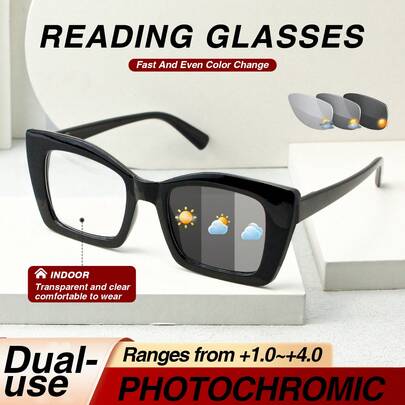 1pc Classic Square Photochromic Reading Glasses, Fashionable Light-Adjusting Function, Large Frame With Flexible Temples For Comfortable Fit, Convenient For Reading And Daily Indoor/Outdoor Use