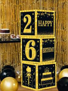 27厘米黑金数字0-9生日装饰盒，黑金生日派对背景装饰，适用于18岁、30岁、40岁、50岁、60岁、70岁、80岁生日派对装饰，生日派对背景堆叠盒，家居装饰，房间装饰，生日派对用品，生日拍照道具，生日礼物包装盒，生日礼物，派对小礼品 - 黑金生日盒 - 查看 4