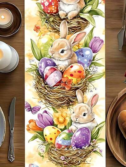 Nappe avec motif de fleurs colorées et panier de lapin, chemin de table rectangulaire pour Pâques, mariage, Thanksgiving, fiançailles, banquets, décoration de table festive, chemin de table de banquet, motif floral, design de lapin, matériau durable