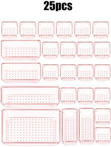 4pcs/7pcs/25pcs Dreamy Pink Drawer Storage Box Gift Set, Different Combinations Of 4pcs, 7pcs And 25pcs, Suitable For Multi-Purpose Drawer Storage, Cosmetic Storage Boxes In Bathroom, Vanity, Bedroom, Kitchen And Office; PET Transparent Desktop Storage Boxes,Room Decor - Pink - View 8