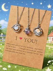 3 Piezas Collar De Metal Plateado Incrustado Con Diseño De Diamantes De Imitación Con Colgante De Estrella, Luna, Sol Para Parejas O Amigos Como Regalo - Plateado - Ver 6