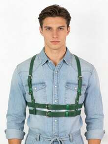 Men's Green Double Strap Chest Harness | Adjustable PU Leather Body Harness For Festival & Clubwear - A - View 7