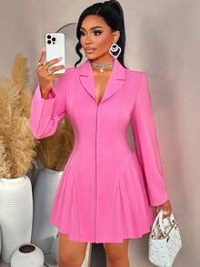 AIJ Amarilo Women's Pink V-Neck Notched Lapel Long Sleeve Belted Pleated Hem Blazer Dress – Perfect For Valentine's Day Outfit, Wedding Guest Attire, Carnival Costume & Spring/Summer Night Party Elegant - Pink - View 7