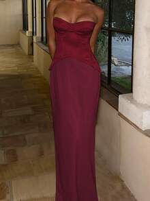 Onicee 女士夏季连衣裙，酒红色，优雅无肩带美人鱼连衣裙，适合狂欢节、母亲节、开斋节、复活节、约会、聚会、派对、旅行、度假、海滩等各种场合。 - 酒紅色 - 查看 3