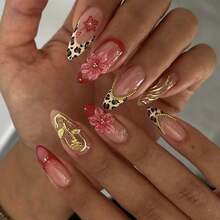 24pcs/Set French Almond-Shaped Ocean Style Elegant 3D Stereo Starfish, Red & Yellow Flower, Seashell, Golden Pearl Decorated Sweet Press-On Full Cover False Nails With 1pc Jelly Gel And 1pc Nail File, Adding A Romantic Touch For Daily Dates, Autumn/Winter - 彩色 - 查看 10