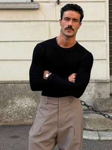 Men's Sweater, Long Sleeve, Ribbed Cotton, ESSENTIAL, Round Neck - 黑色 - 查看 1