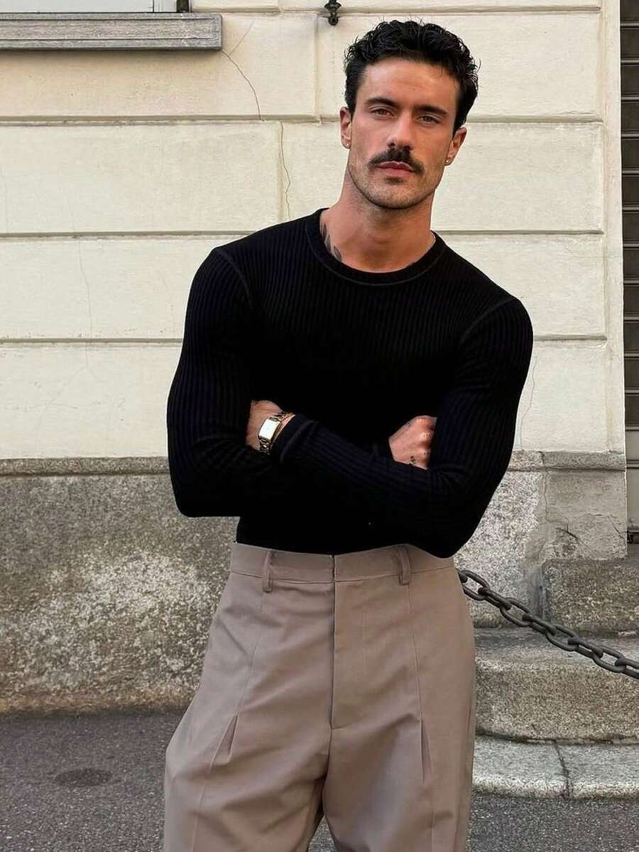 Men's Sweater, Long Sleeve, Ribbed Cotton, ESSENTIAL, Round Neck - 黑色 - 查看 1