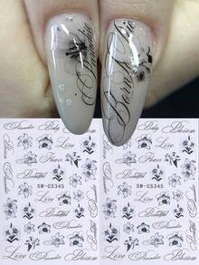 2片装3D立体花朵字母美甲贴纸，黑色渐变芙蓉花瓣，哥特浪漫英文字母花卉图案，Y2K美学，自粘凝胶美甲贴花，春夏款 - 彩色 - 查看 10