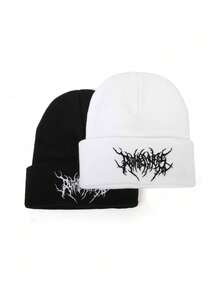 1pc Or 2pcs Gothic Style Men Embroidered Scarf Knitted Beanie, Fashion Street Ski Hat, Warm And Versatile Cold Weather Cap, Loose Fit. - Multicolor - View 4