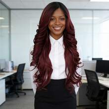 13*4*1 侧分长款波浪棕色酒红色铜红色合成蕾丝前假发，带婴儿绒毛，适合女性日常、派对、假日佩戴，耐热纤维，预先拔毛的自然发际线，蓬松自然，高密度，无需胶水 - 彩色 - 查看 12