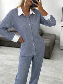 Nina Bonheur 2pcs Women Striped Button-Front Long Sleeve Pajama Set + Drawstring Waist Pants, Cute Sleepwear Suit - Blue - View 5