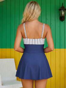 Women's Swim Dress Stylish Solid Color Or Plaid Sleeveless Sweetheart Neck Spaghetti Strap Bathing Suit For Beach Pool - 灰色 - 查看 6