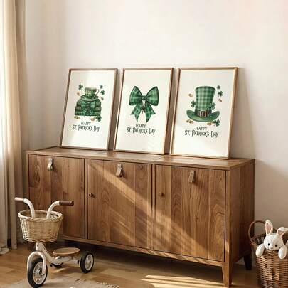 1/3pcs St. Patrick's Day Wall Art Picture Green Plaid Shamrock Clover Leprechaun Hat Canvas Print Paintings|Vintage Greenery Lucky Irish Farmhouse Decorations For Bedroom,Kitchen,Living Room Or Office Home Decor,Rustic Irish Holiday Poster,St. Patrick's Day Gift For Her,Unframed