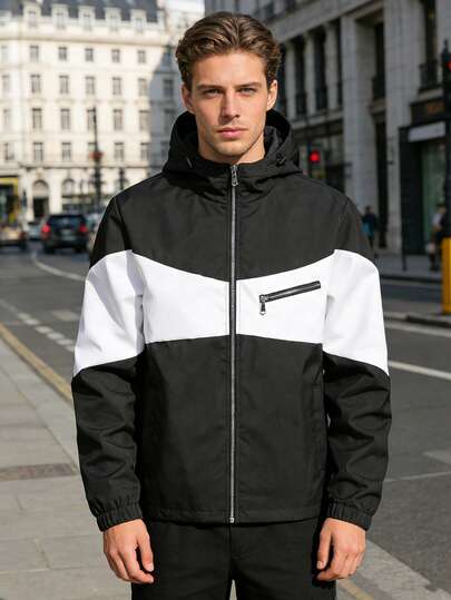 เสื้อแจ็คเก็ตมีฮู้ดบล็อกสีขาวดำสำหรับผู้ชาย ฤดูใบไม้ผลิ ฤดูใบไม้ร่วง