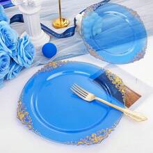102PCS Blue Plastic Plates - Royal Gold Disposable Plates - Clear Blue Party Plate - Heavyweight Disposable Plate With Gold Rim - Fancy Dinner & Dessert Plates For 51 Guests Party Wedding - 藍色 - 查看 9