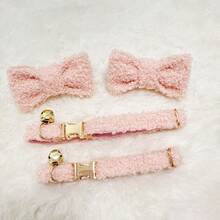 3pcs/Set Adjustable Cat & Small Dog Leash, Collar & Bow Tie Suit, Pink Cute Plush Zinc Alloy Buckle, Anti-Escape & Anti-Lost Collar Leash Set, For Cats & Dogs - Baby Pink - View 3
