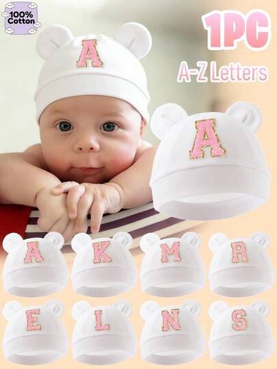 1 chiếc mũ len cotton nhẹ mùa hè cho bé, đính kim sa và 26 chữ cái, thoải mái, thoáng khí, mềm mại, mỏng nhẹ, dễ thương, thích hợp cho bé từ 0-3 tháng tuổi đội hàng ngày và đi chơi.