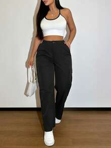 Black Multi-Pocket Buttoned Casual Y2K Leisure Elegant And Cute Work Pants. Suitable For Back-To-School, Clubs, Birthday Parties, Halloween, New Year, Thanksgiving, Concerts, Gyms, Beaches, Vacations, Business, Daily Airport Wear, Street Style, Teacher's Day, Spring, Summer, Autumn And Winter. - Black - View 9