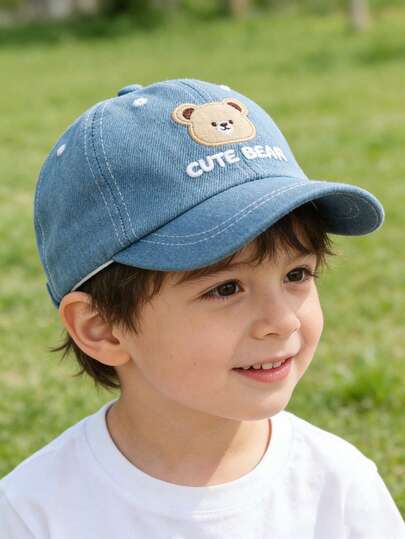 1pc Kids Cute Bear Embroidery Denim Baseball Cap, Adjustable Sun-Shading Casual Hat For Boys & Girls, Daily & Outdoor Use
