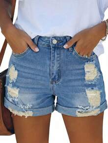 Women's Straight Leg Denim Shorts Medium Stretch Mini Length Raw Hem Distressed Casual Style With Button Closure - Blue - View 2