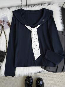 Women's Casual Turndown Collar Contrast Polka Dot Tie Front Long Sleeve Blouse, Spring/Summer - Navy Blue - View 6