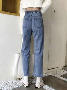 Women's Pocket Button Casual Versatile Commuting Denim Jeans - Blue - View 4