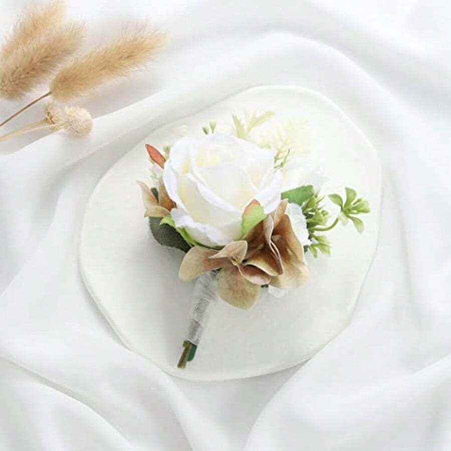 Boutonier de flores de boda blancas para novio rosa para hombre l para padrino decoración de traje de fiesta accesorios para aniversario para novios y hombres blanco-038 - Blanco - Ver 1