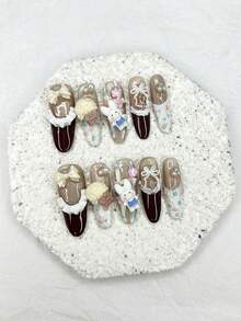 10片装酒红色法式甜美可爱中号椭圆形手工按压式美甲猫眼闪光卡通蛋糕兔子蝴蝶结可卸美甲艺术假指甲美甲用品（1张果冻贴纸+1个指甲锉） - 彩色 - 查看 3