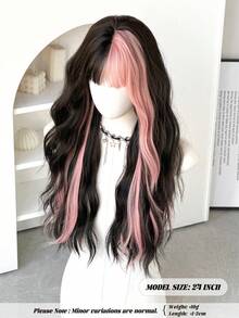24英寸粉色波浪假发，带刘海，挑染黑色发丝，长卷发，自然蓬松柔软，采用合成纤维编织而成，适合女性和女孩圣诞派对角色扮演使用。 - 粉色 - 查看 2