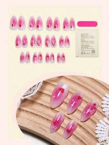24pcs French Red Cat Eye Nail Stickers, Medium Almond Shape, Bow Decor, Reusable, Full Coverage, Minimalist Cute Style, Smooth Surface, Suitable For Women And Girls Daily Wear - 粉紅色 2 - 查看 3