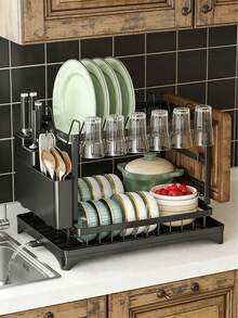 2Layer Double Layer Heavy-Duty Metal Bowl Rack With Drainage Board, Cutlery Rack, And Cup Hook | Space Saving Countertop Bowl Rack, Adjustable Plates, Pots, Pans, And Sturdy Kitchen Storage Rack - Black - View 2