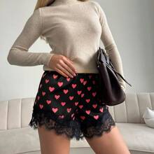 Boho Women's Lace Trim Satin Silk Shorts Shiny Elastic Waist Mini Shorts Pettipants Half Slip Shorts French Knickers Boyshorts For Dresses Full Coverage Underwear Lounge Pants - 紅色 - 查看 4