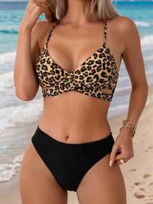2pcs Leopard Print Criss-Cross Backless Bikini Swimsuit For Women, Sexy Beach Wear With Padded Cups - Black - View 8