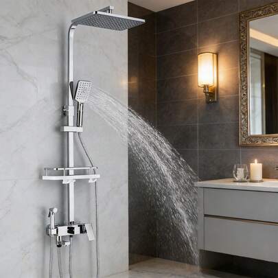Sistema de ducha de lluvia, cabezal de ducha de lluvia cuadrado de alta presión con ducha de mano de 3 chorros, juego de ducha regulable en altura y ángulo con caño de bañera giratorio y estante integrado.