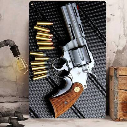 1pc Vintage Revolver Metal Sign, Funny Metal Poster, 2D Flat Print Multi-Purpose Metal Decor, Pre-Drilled Holes For Easy Hanging, Suitable For Indoor Decor, Home Decor, Kitchen Decor, Office Decor, Garden Decor, Outdoor Decor, Bedroom Decor, Living Room Decor, Cafe Decor, Restaurant Decor, Garage Decor, Bar Decor