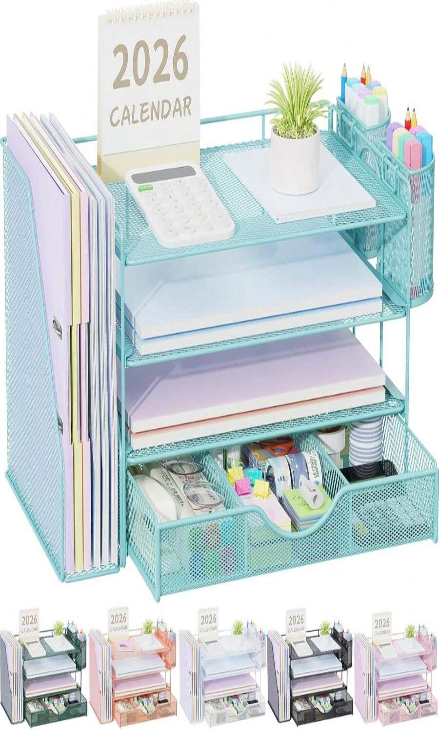 Gianotter Desk Organizers And Accessories With File Holder, 4-Tier Desk Accessories &Amp; Workspace Organizers With Drawer And 2 Pen Holder, Paper Organizer For Office Supplies (Blue) - MàuB - Xem 1