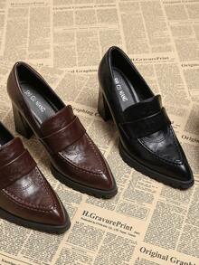 2026春季新款女鞋，尖头时尚优雅复古真皮高跟鞋，粗跟休闲通勤显瘦时尚黑色和酒红色 - 酒紅色 - 查看 6