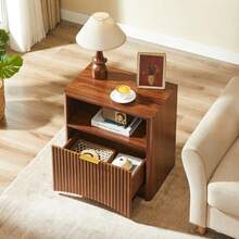 Grooved Bedside Table With Open Drawer And Gold Handles, Space-Saving, Ideal For Bedrooms And Living Rooms, Walnut Finish - Brown - View 7