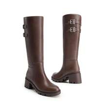Women's Motorcycle Buckle Knee-High Boots Round Toe Side Zipper Low Block Heel Fashionable Comfortable Boots For Fall And Winter - 棕色 - 查看 1