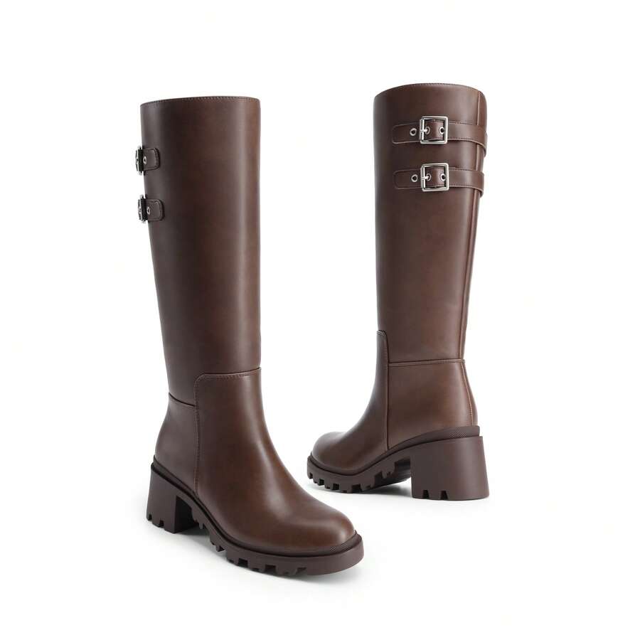 Women's Motorcycle Buckle Knee-High Boots Round Toe Side Zipper Low Block Heel Fashionable Comfortable Boots For Fall And Winter - Brown - View 1