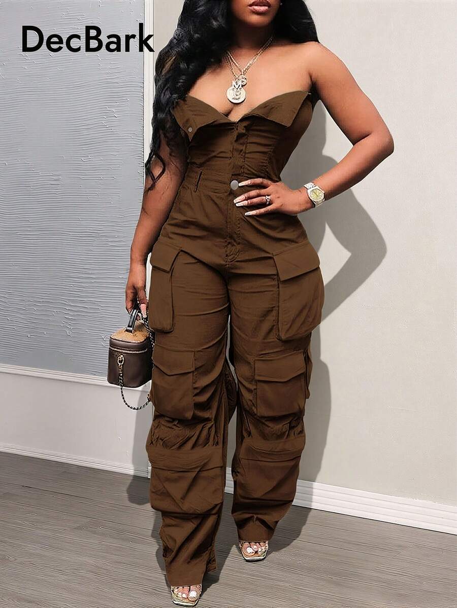 大码纯色无袖实用连体裤，带口袋 - 棕色 - 查看 1