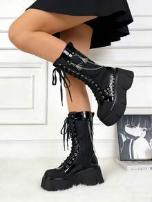 Women's Y2K Goth Cosplay Combat Boots Fashion Stylish Punk Rivet Buckle Platform Wedges High Heels Lace-Up Zip Mid Calf Boots - Đen A - Xem 2