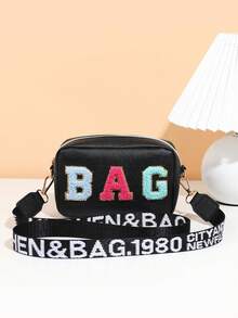 1pc Girls Fashion Suede Letter Decor Crossbody Bag, Detachable Letter Strap, Girl's Small Square Bag, Perfect Gift - Multicolor - View 3
