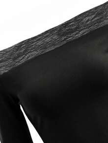 性感蕾丝拼接长袖T恤，法式时尚露肩修身短款上衣 - 黑色 - 查看 10