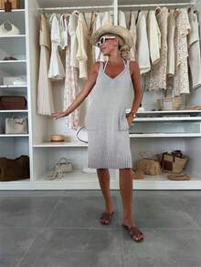 Solid Color Slit Backless New Sleeveless Slip Dress, Sexy V-Neck Sweater, European And American Style Summer - Light Grey - View 5