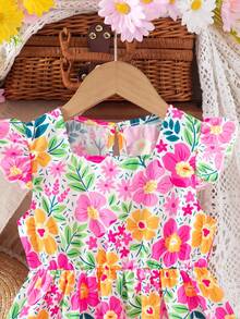 Vestido con estampado floral y cuello cuadrado para niñas, diseño alegre y elegante, adecuado para uso diario, fiestas o festivales, cómodo y de moda - Multicolor - Ver 6
