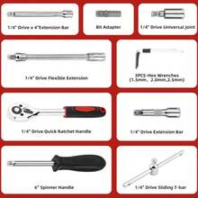 46PCS Small Drive Socket Ratchet Wrench Screwdriver Set, 1/4 Inch Metric Socket And Ratchet Wrench Set With Extension Bar, Upgrade Compact Tool Set For Car - Red - View 5