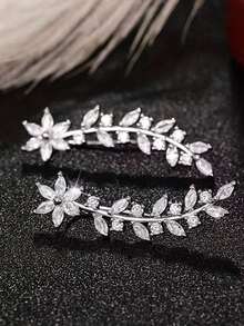 1 Pair Elegant Rhinestone Flower, Leaf, Wheat Ear Stud Earrings, Suitable For Women's Daily, Party, Wedding, Vacation Wear, Great Gift For Women On Birthday, Valentine's Day - Silver - View 1
