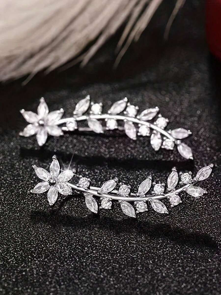 1 Pair Elegant Rhinestone Flower, Leaf, Wheat Ear Stud Earrings, Suitable For Women's Daily, Party, Wedding, Vacation Wear, Great Gift For Women On Birthday, Valentine's Day - Silver - View 1